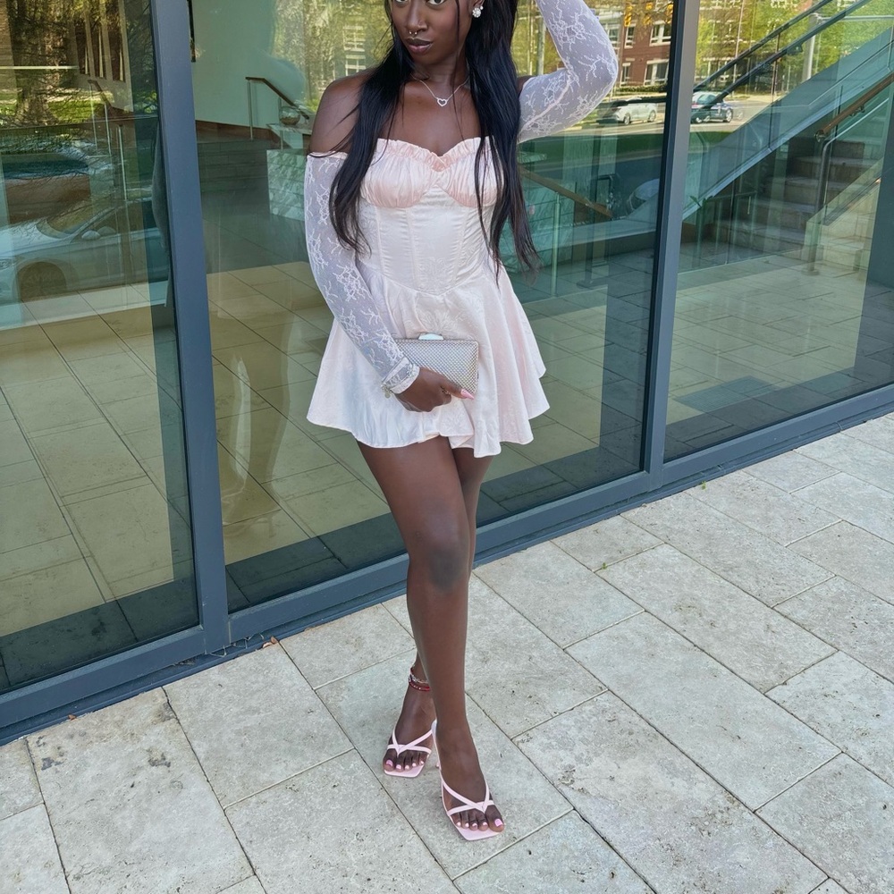 Blush satin mini lace dress